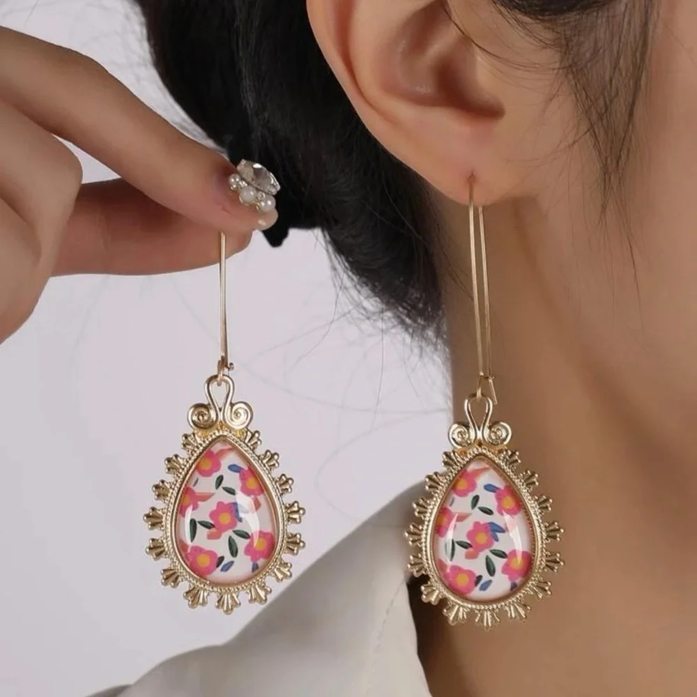 2/$30🌵 Gold Pink Floral Teardrop Cabochon Earrings NEW Jewelry Gift Long Dangle